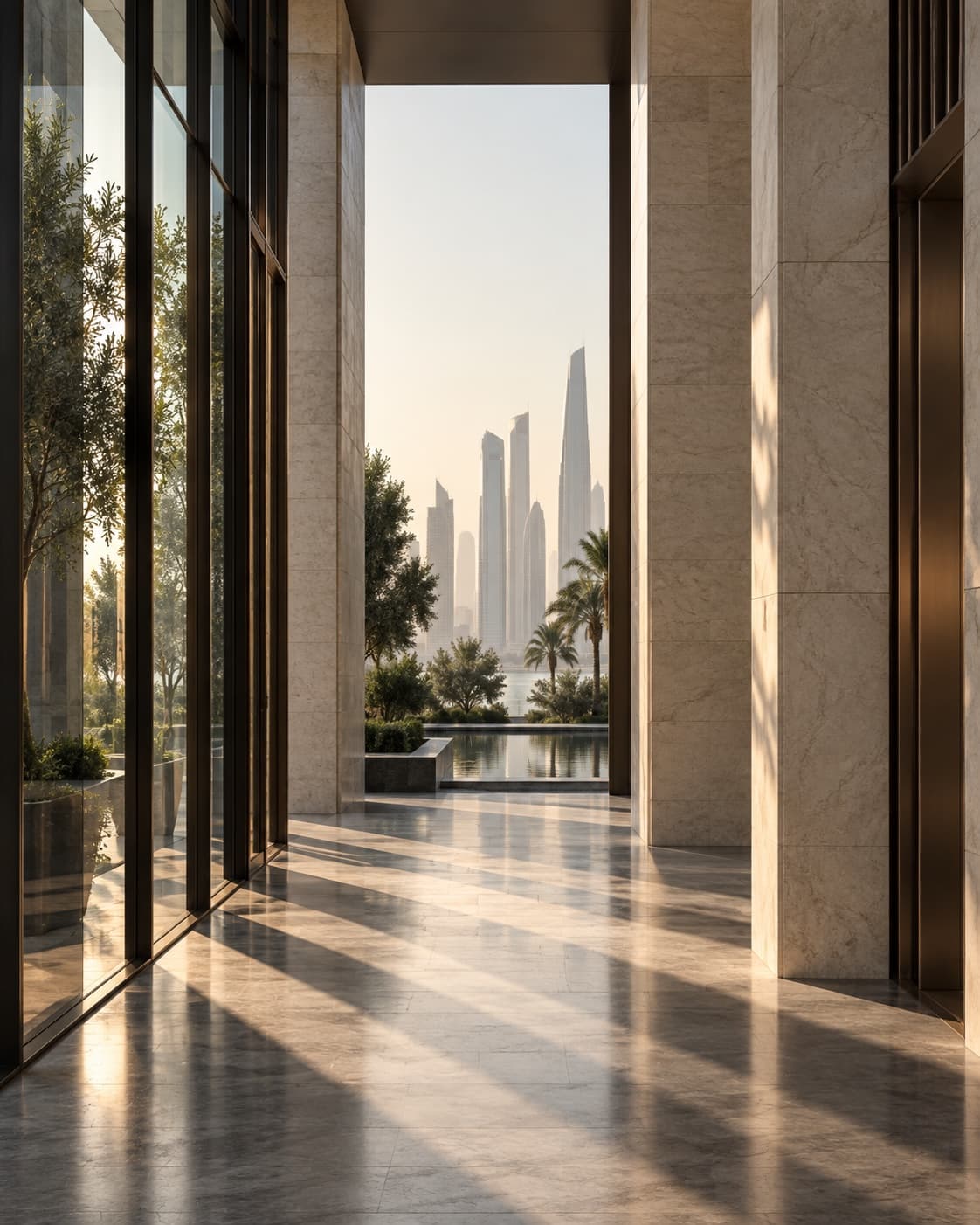 A limestone and bronze colonnade overlooking a financial district