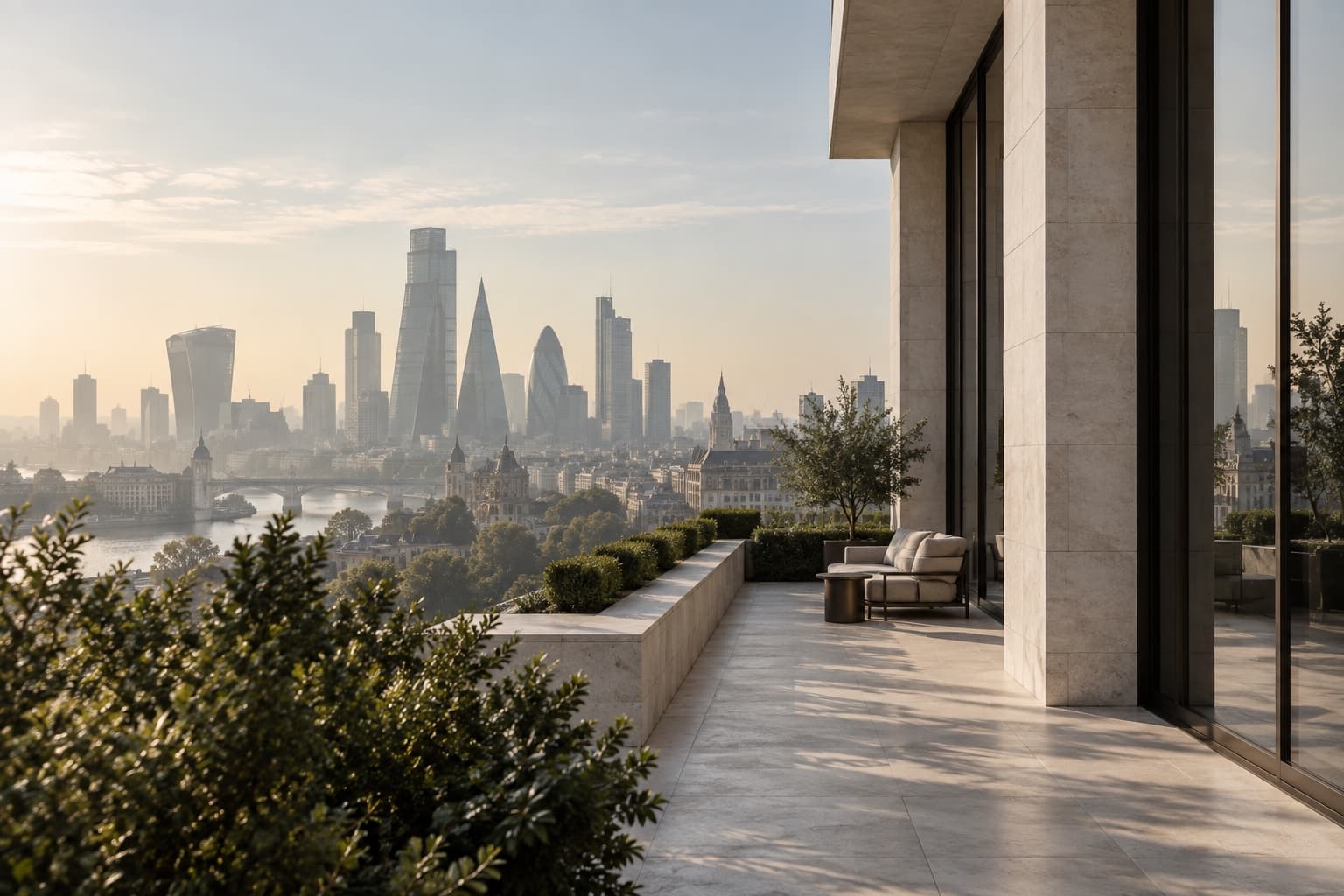 A limestone terrace overlooking a global financial district